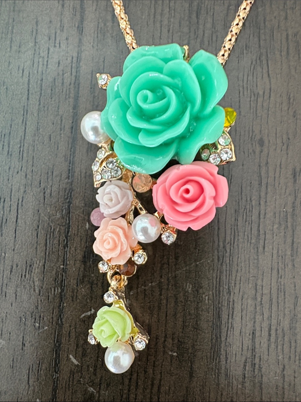 Betsey Johnson Gold-Tone Necklace with Turquoise and Pink Floral Pendant - Picture 5 of 7